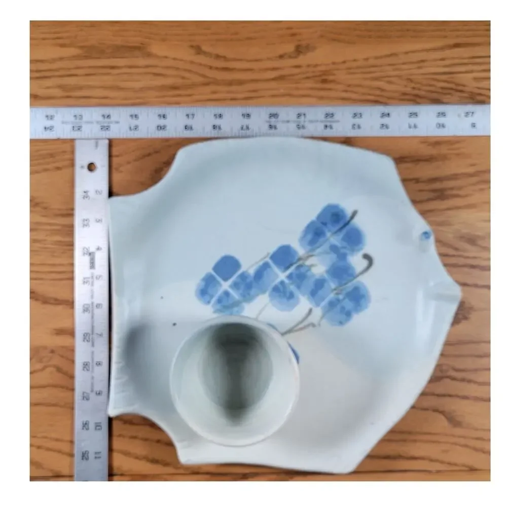 Vintage Studio Pottery Fish Platter Chip Dip Bowl Blue Signed Ceramic Follette