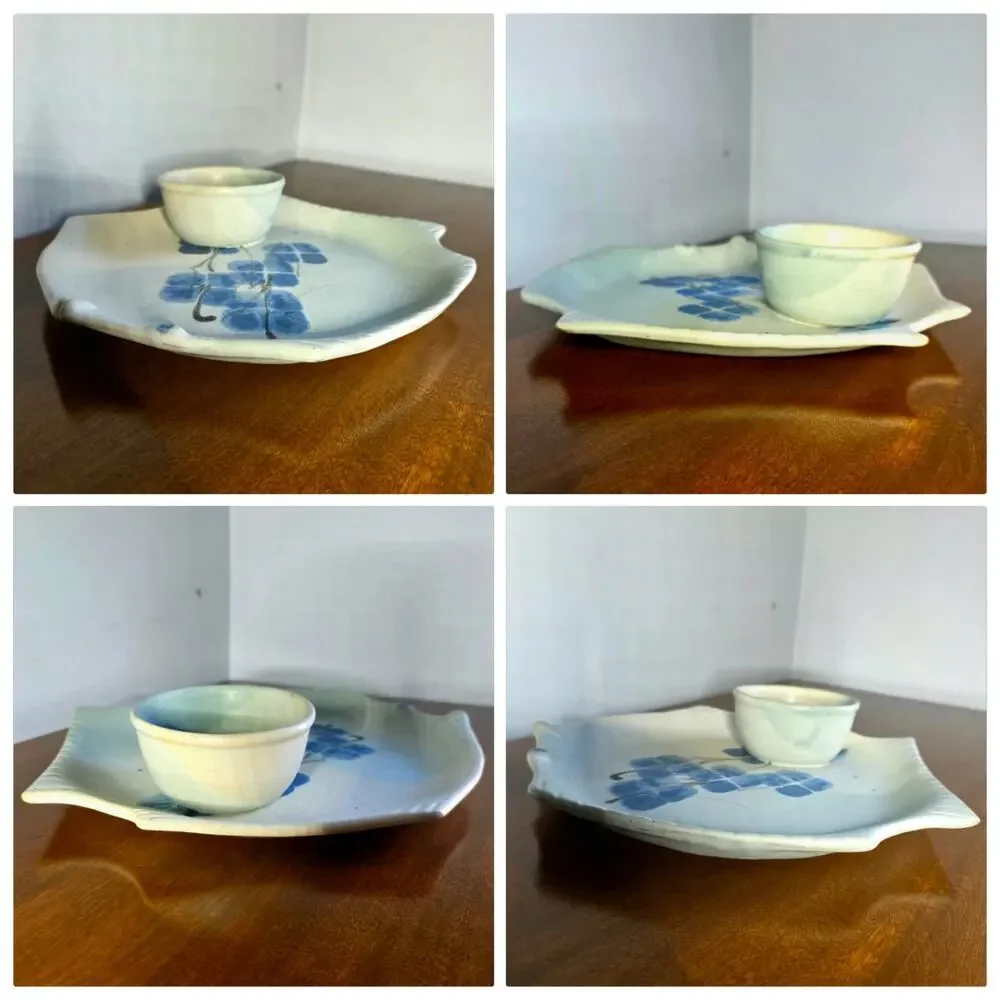 Vintage Studio Pottery Fish Platter Chip Dip Bowl Blue Signed Ceramic Follette