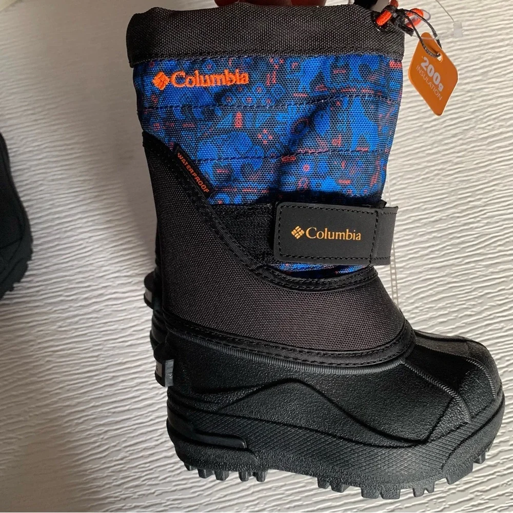 nwt Columbia Youth Powderbug Plus II Print Boot in Blue Black Size 6 & 7 Toddler
