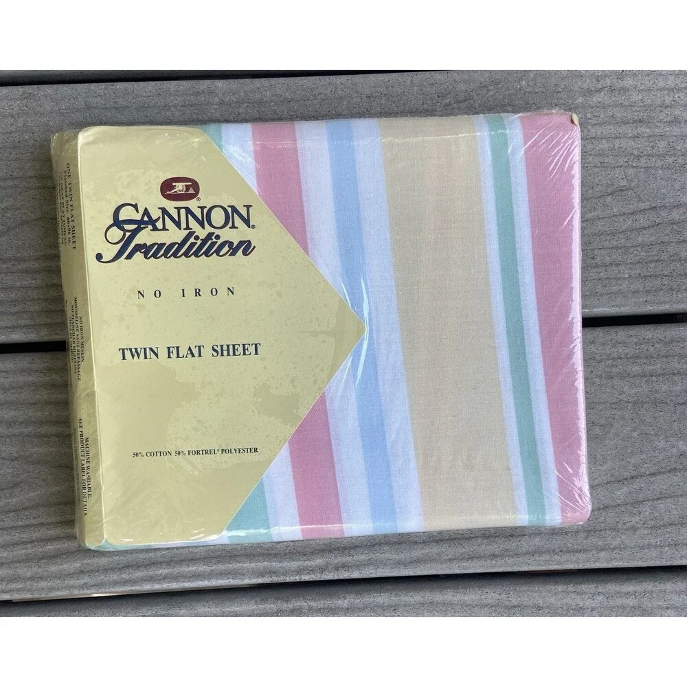 Vtg Cannon Twin Flat Bed Sheet Pastel Stripes Cotton Fresh No Iron USA Made J