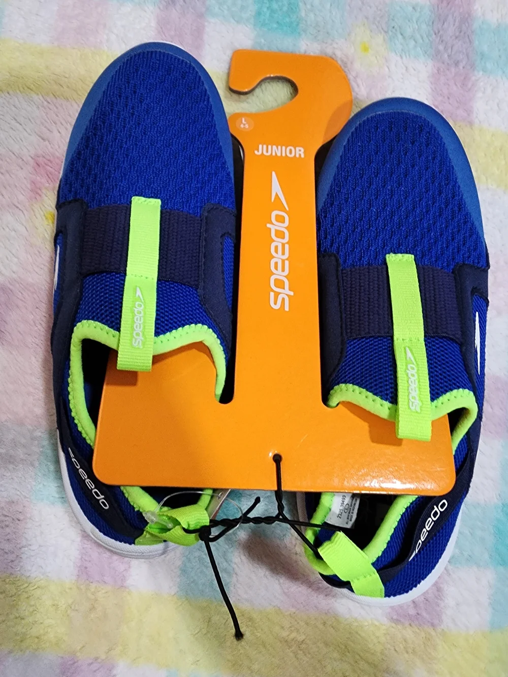 Speedo Junior Cobalt Blue and Neon Green Slip-On Water Shoes L ( 4-5)