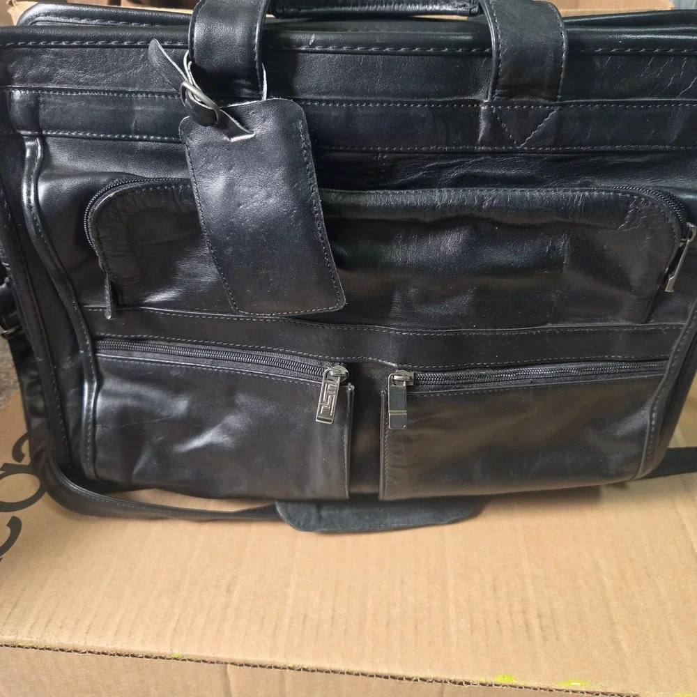 USL Black Leather Briefcase Laptop Multi-Pocket Mess. Shoulder Bag 030918741344