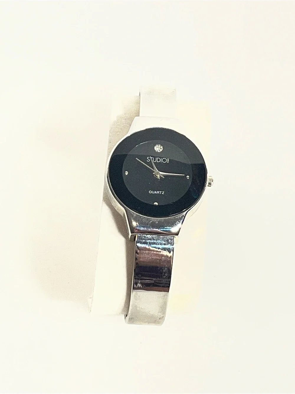 Studio Silver Bracelet Cuff Watch with Black Dial and Band New battery O2