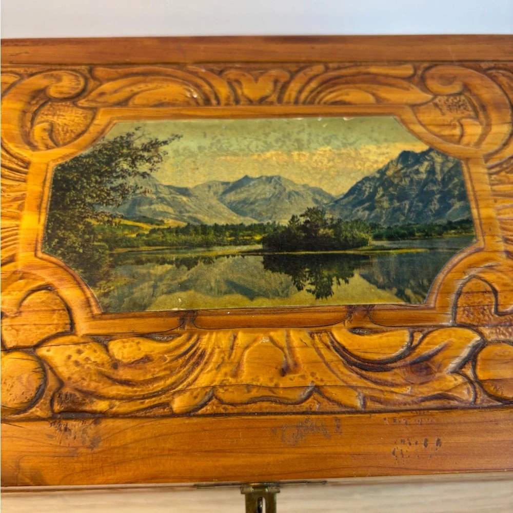 Vintage‎ Hand-Carved Wooden Dovetail Box Scenic Inlay Mirror - Honey Brown