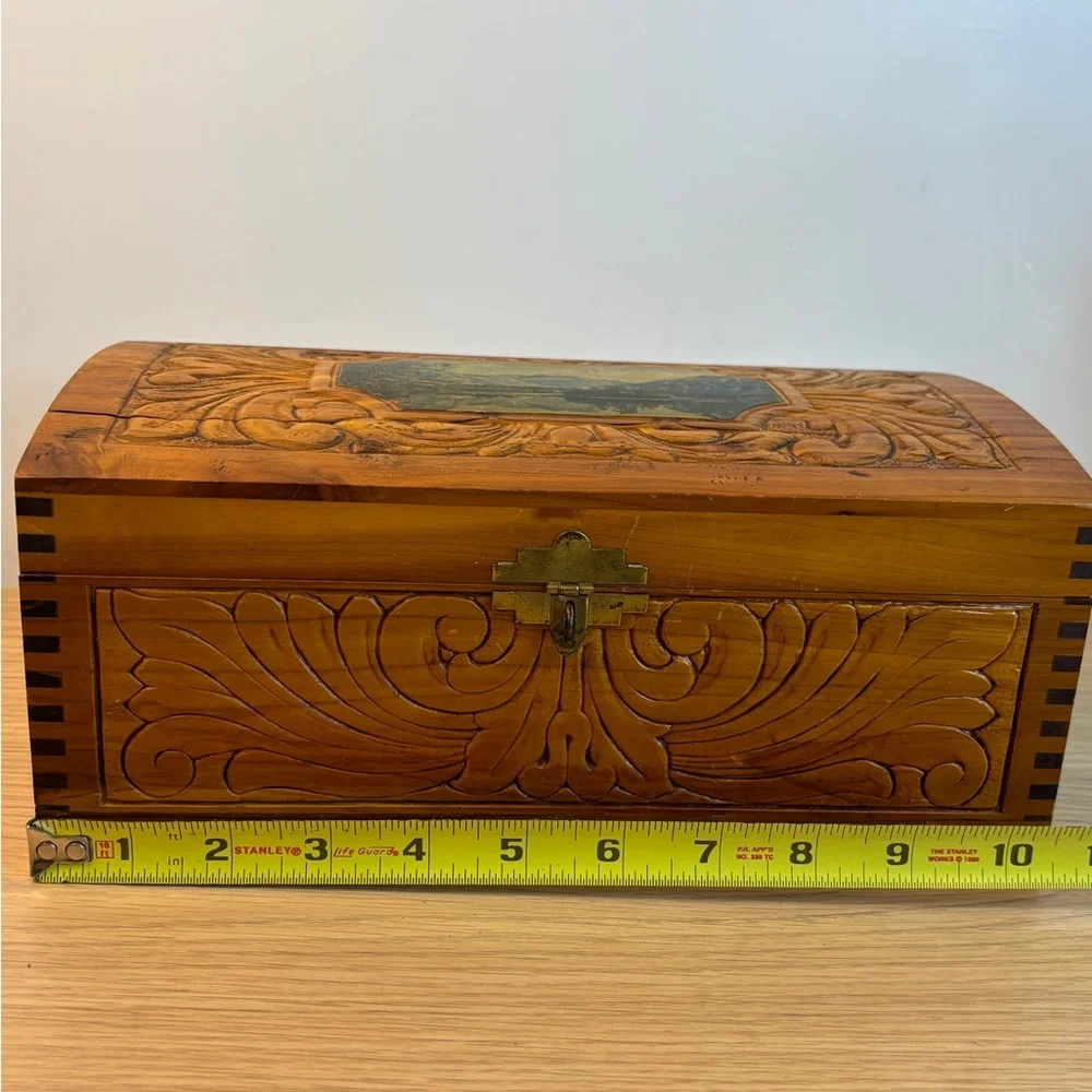 Vintage‎ Hand-Carved Wooden Dovetail Box Scenic Inlay Mirror - Honey Brown
