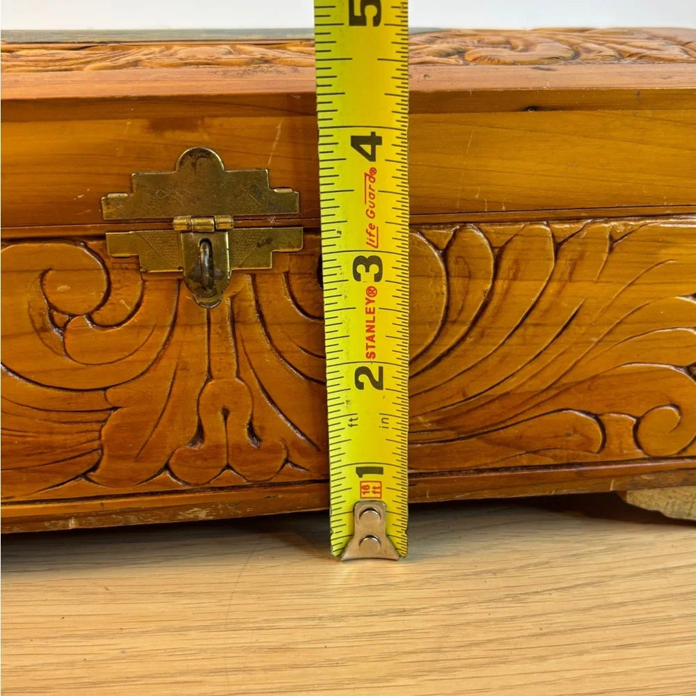 Vintage‎ Hand-Carved Wooden Dovetail Box Scenic Inlay Mirror - Honey Brown