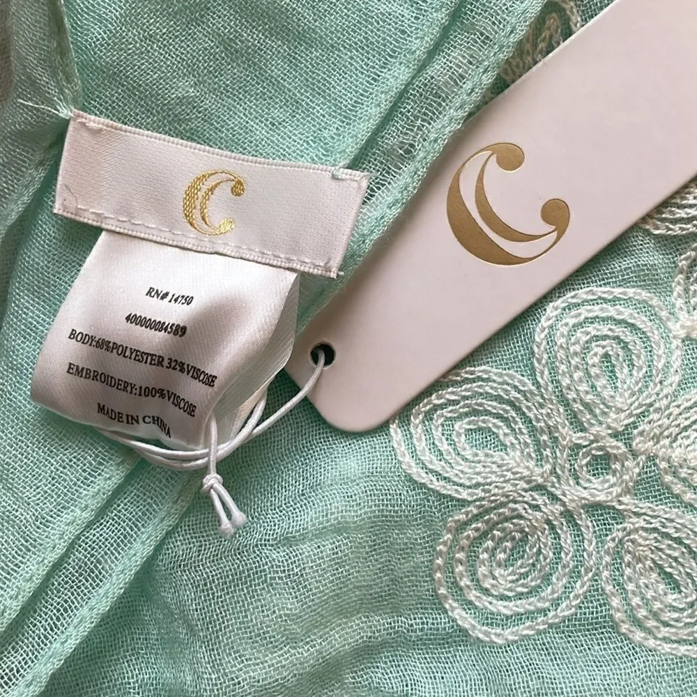 NWT Scarf mint seafoam color white embroidery