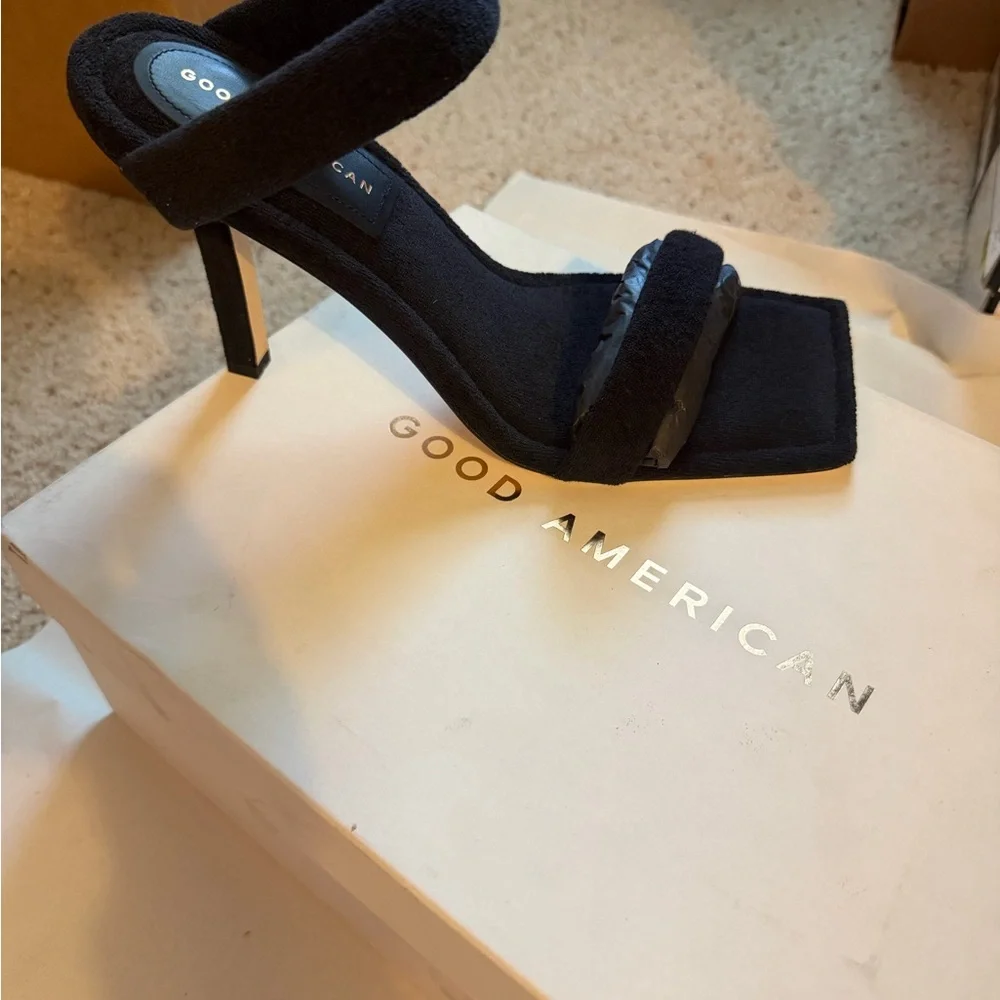 Good American Black Terry Cloth Strappy Stiletto Sandals