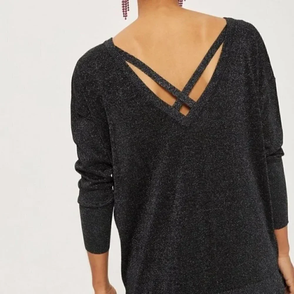 EUC Topshop Cross Back Longline Metallic Sweater Size 8