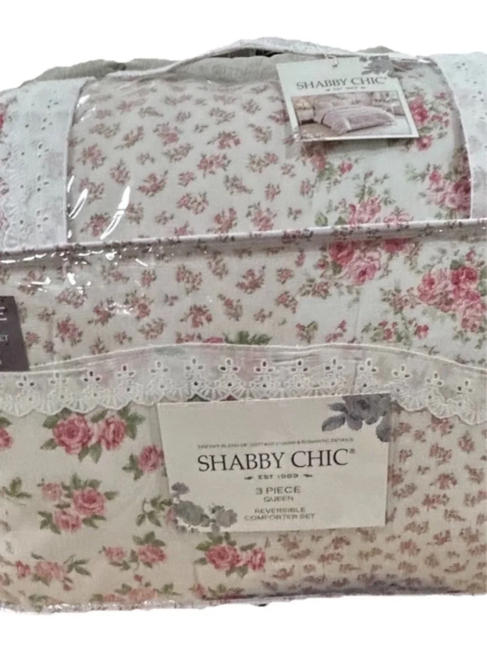 Shabby Chic Floral Pink & White Cotton Gauze Queen Comforter Set with Lace Trim