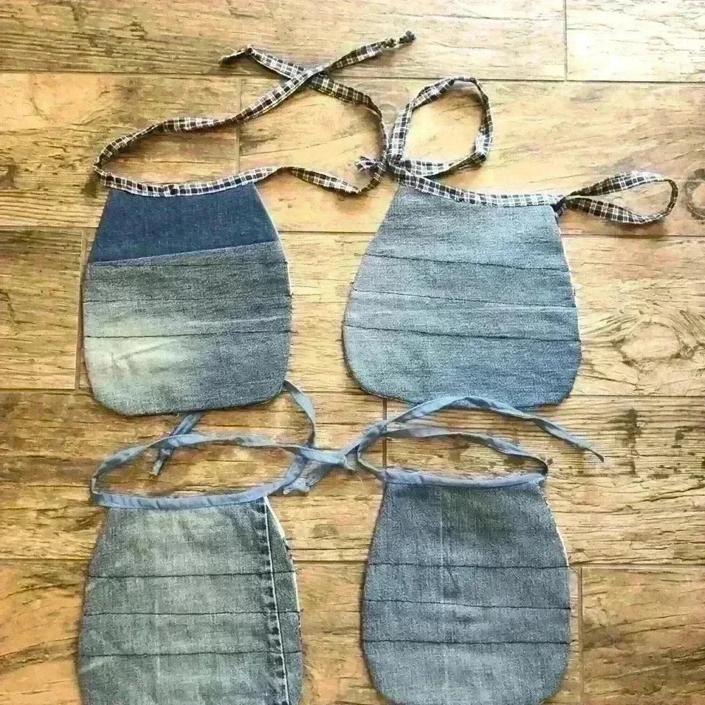 LOT OF 4 BABY BOY DENIM UPCYCLED MATERIAL QUILT BIBS