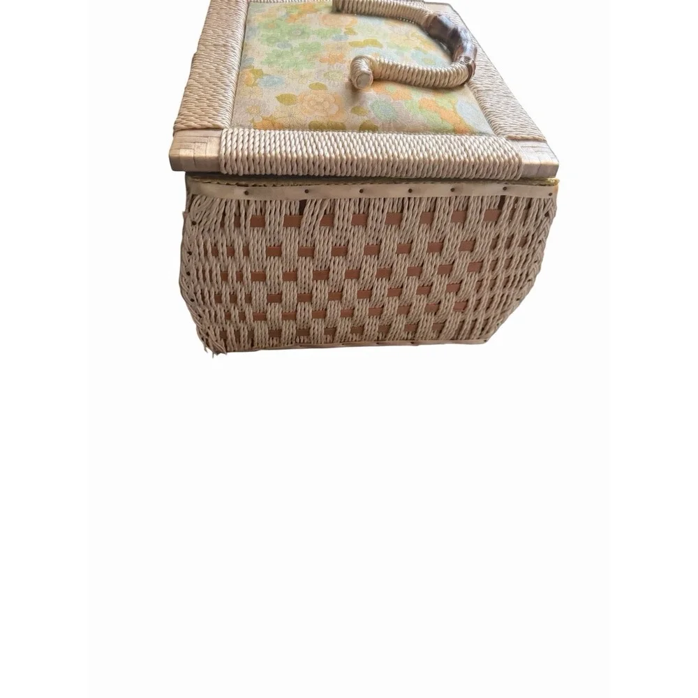 VTG JC Penney Wicker Sewing Basket Padded Embroidered Flower Lid. Full Of Stuff