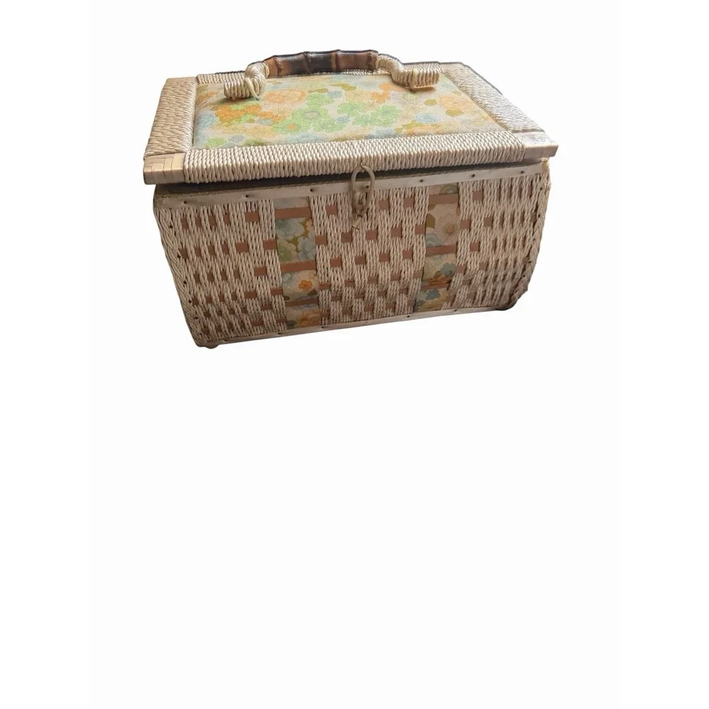 VTG JC Penney Wicker Sewing Basket Padded Embroidered Flower Lid. Full Of Stuff