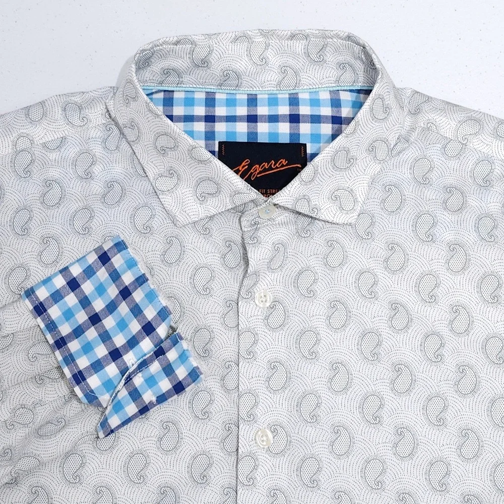 Egara Modern Fit Stretch Non Iron Button Down Shirt Mens Large White Paisley