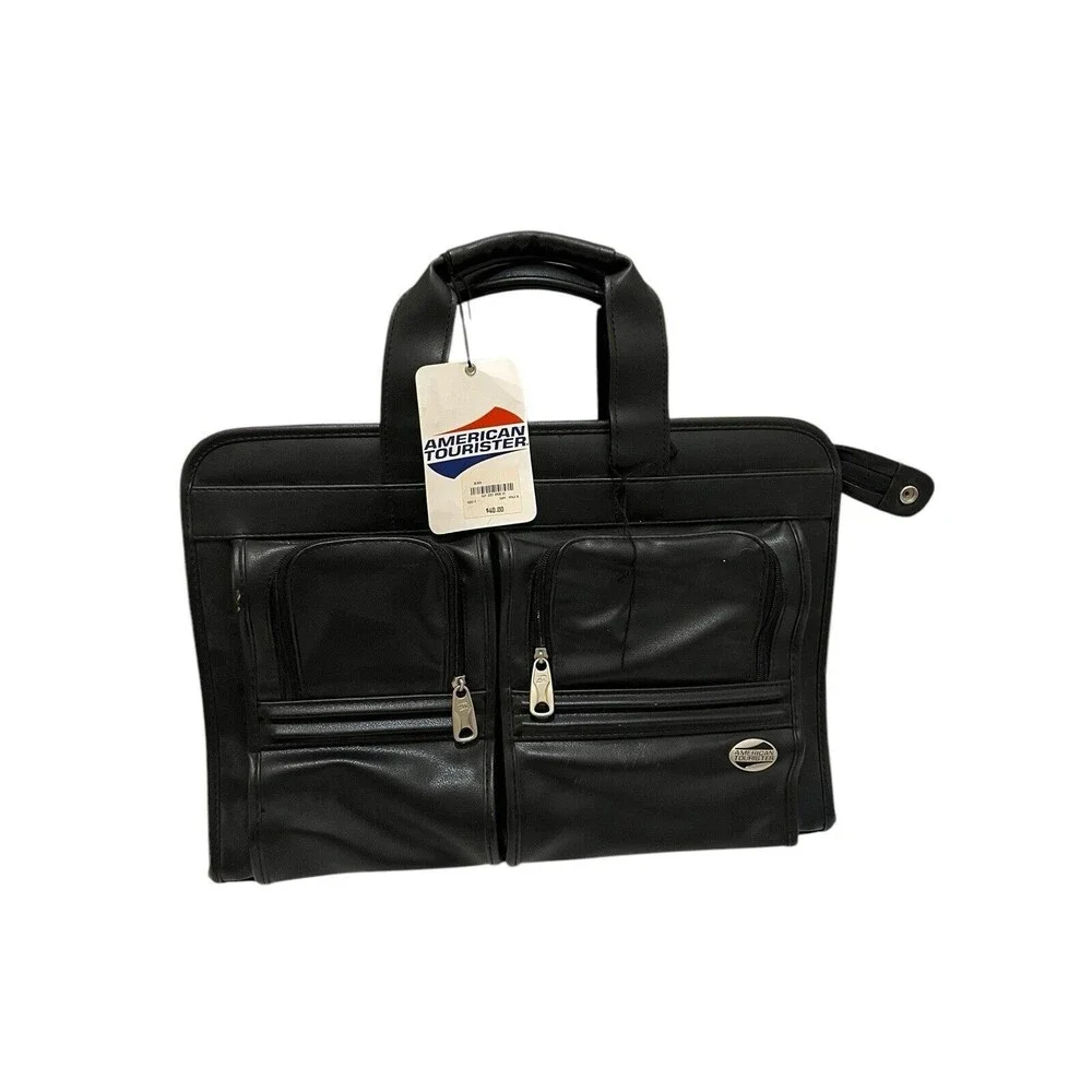 American Tourister Black Faux Leather Carry On Luggage Bag Suitcase Travel NEW