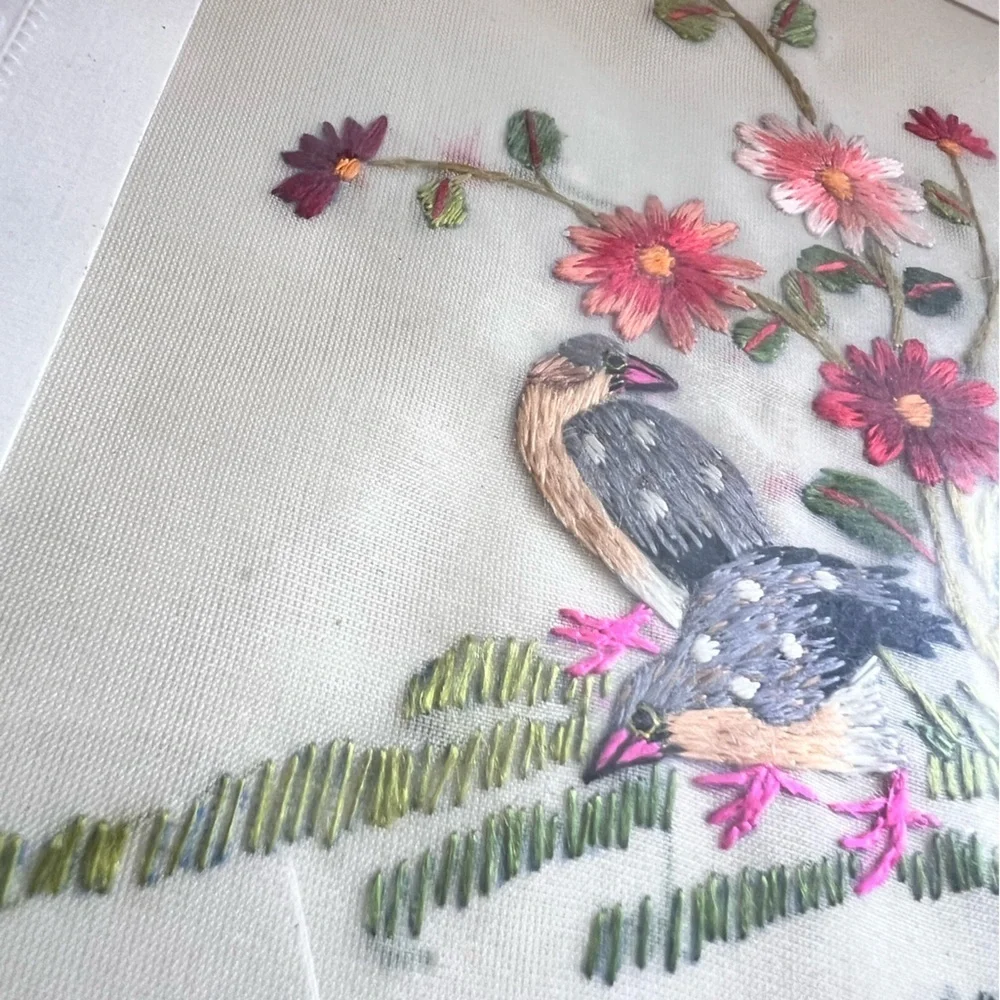 Vintage Framed Silk Embroidered Art Bird Floral Boho Decor Grannycore Artsy Art
