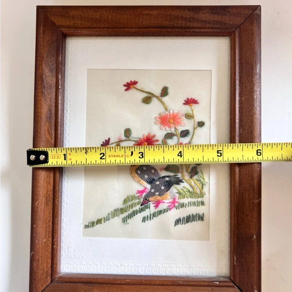 Vintage Framed Silk Embroidered Art Bird Floral Boho Decor Grannycore Artsy Art