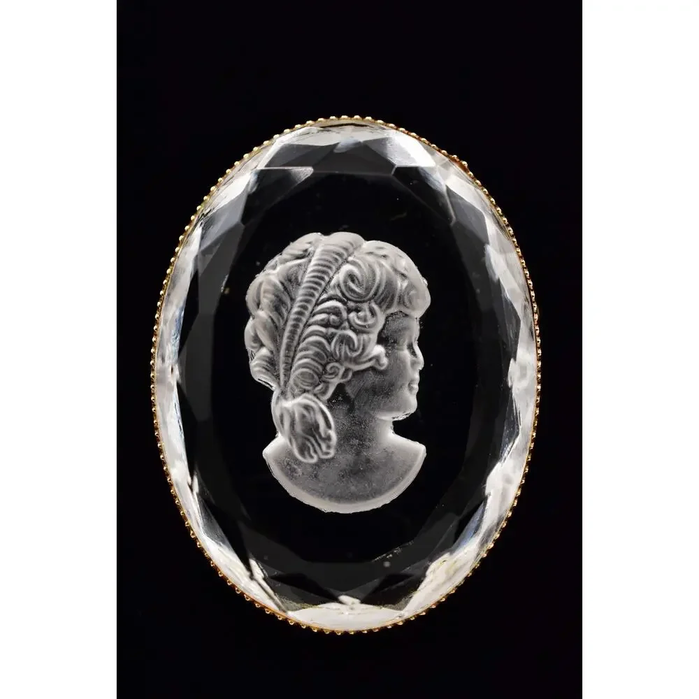 Vintage Intaglio Glass Cameo Brooch Reverse Carved Lady Portrait Gold 60s BinBI