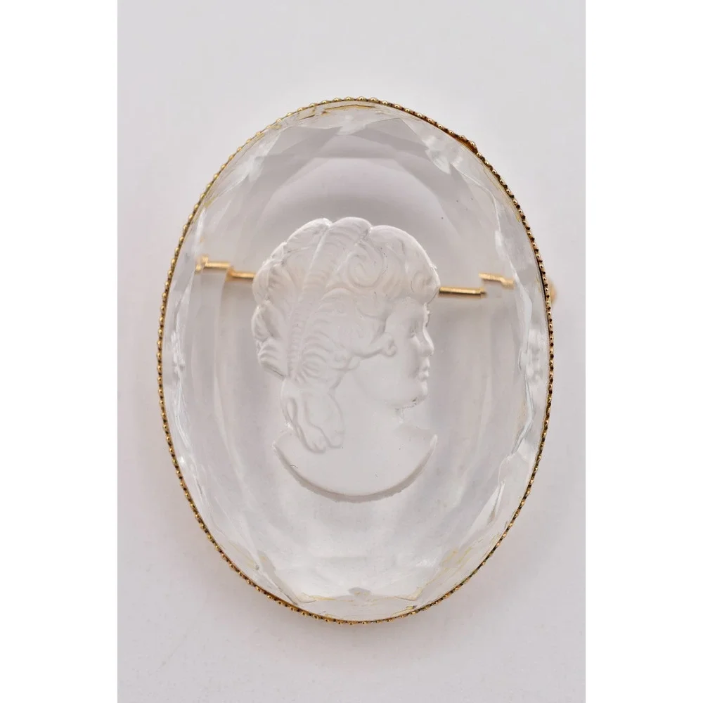 Vintage Intaglio Glass Cameo Brooch Reverse Carved Lady Portrait Gold 60s BinBI