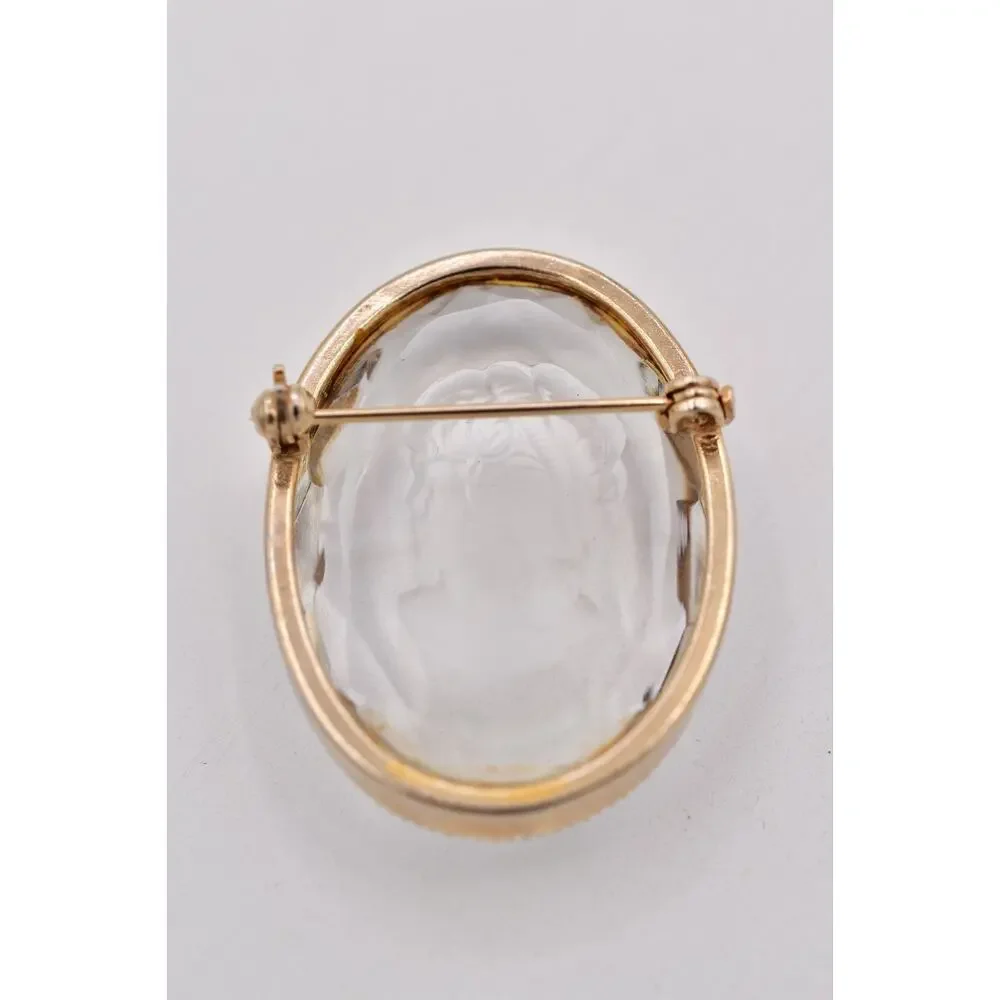 Vintage Intaglio Glass Cameo Brooch Reverse Carved Lady Portrait Gold 60s BinBI