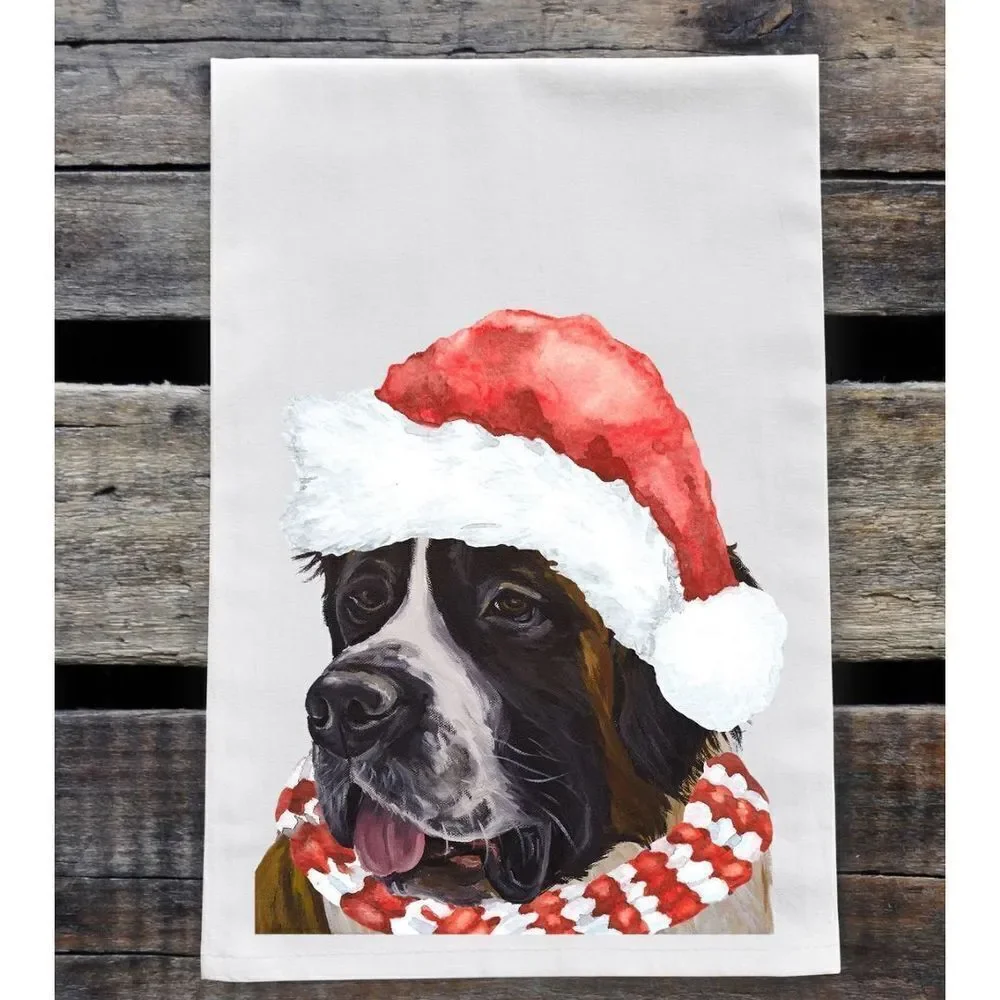 Hippie Hound Studios Christmas Dog Towel “Saint Bernard ” Holiday Towel Set 2 NW