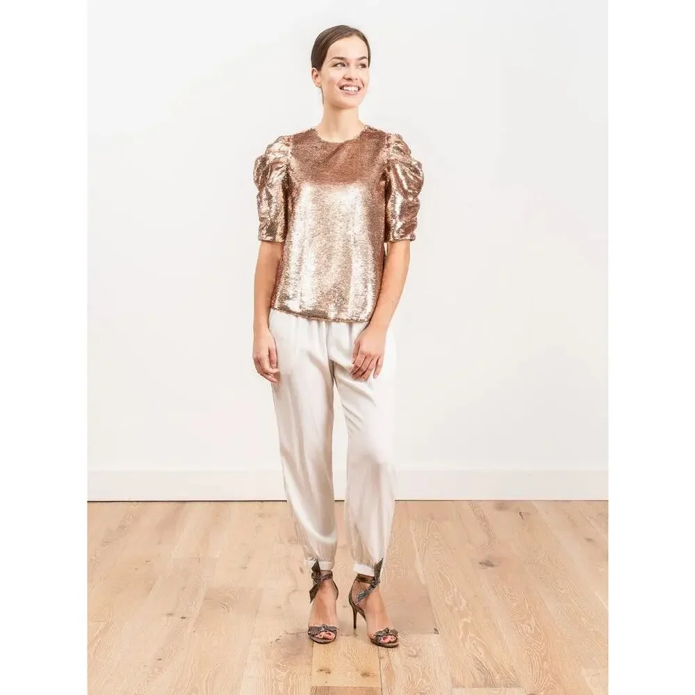 Ulla Johnson Rae Sequin Blouse Size 2 Rose Gold Puff Sleeve Party Top Metallic