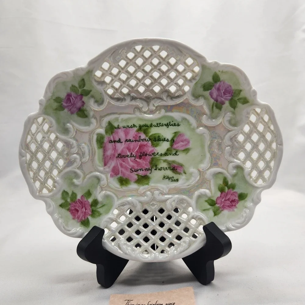 VICTORIAN Tea Rose Platter Formalities Tray Plate Hand Painted Porcelain Lace...