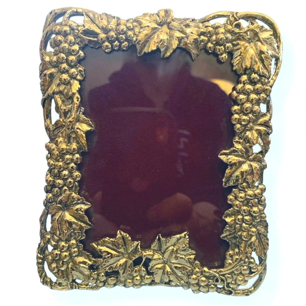 Picture Frame Brass Grape Leaf Ornate Red Velvet Backing 5x7 MCM French Farm