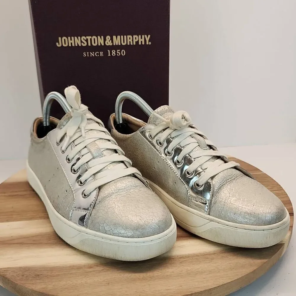 Womens Johnston & Murphy Emerson Lace-up Silver/White Crackle Leather Sneakers 8