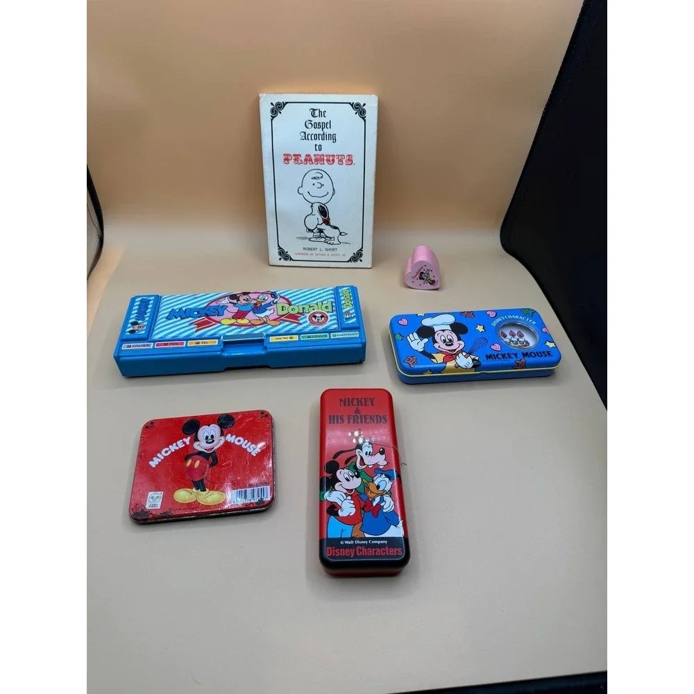 Vintage The Gospel According To Peanuts 1965 & Lot Of 5 Mickey Mouse Pencil Case