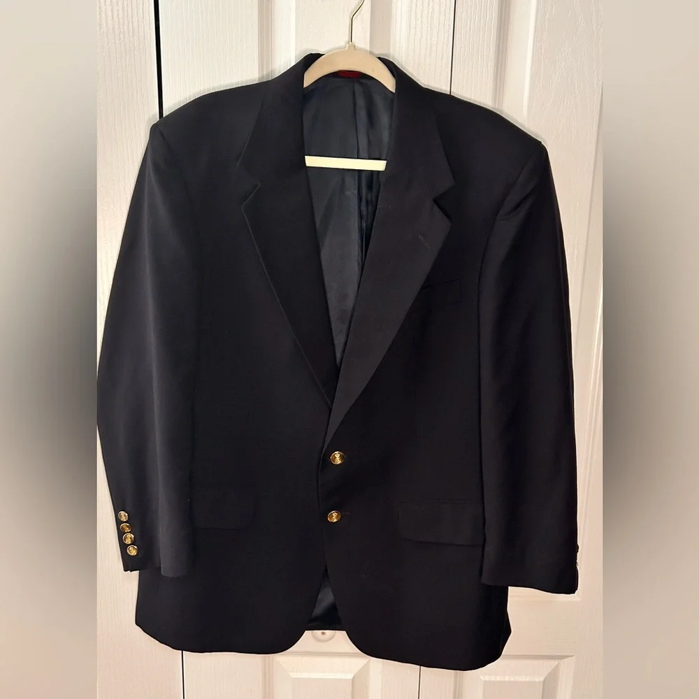 Savile Row Blazer‎ Mens 42R Black 2 Gold Button 100% Pure Wool Sports Coat