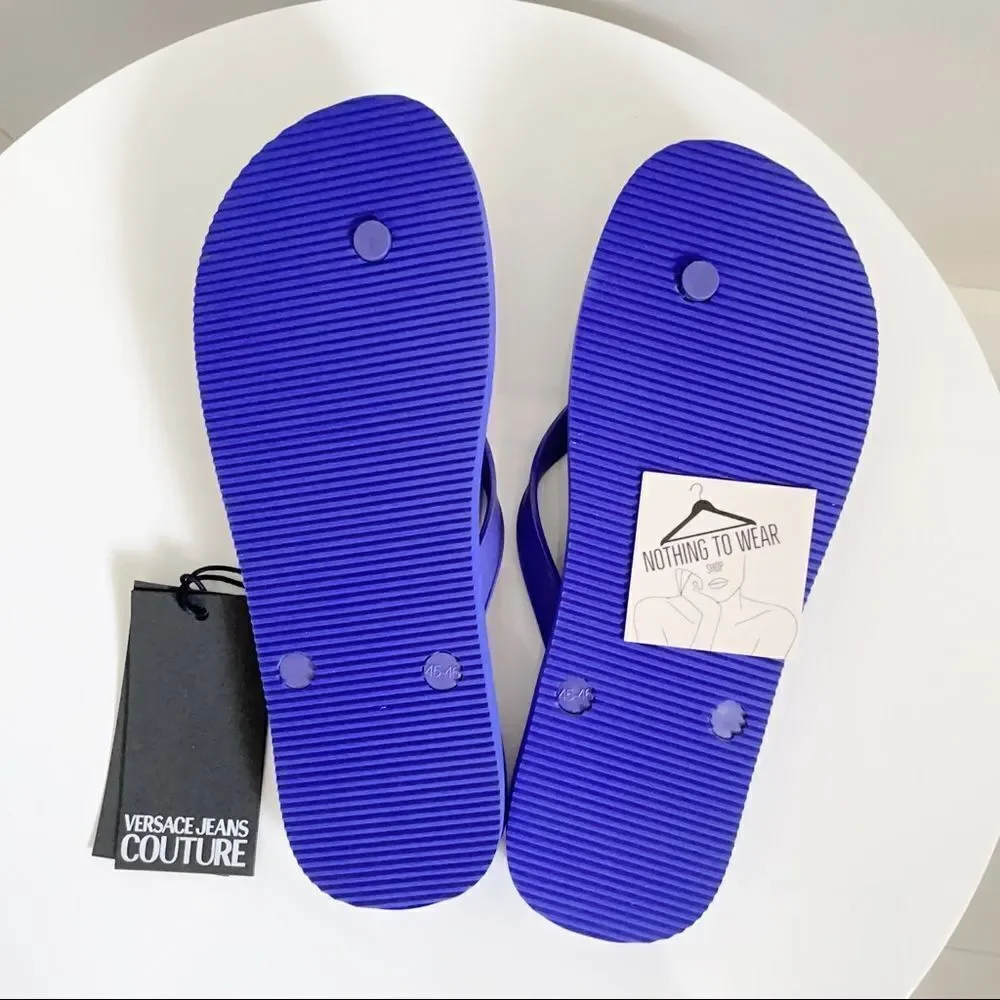 ⭕️ VERSACE JEANS Flip Flops Slides Slippers Logo Men’s Blue Black 10 43