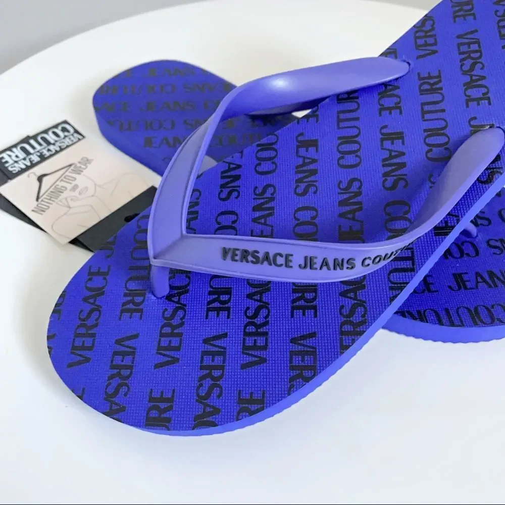 ⭕️ VERSACE JEANS Flip Flops Slides Slippers Logo Men’s Blue Black 10 43