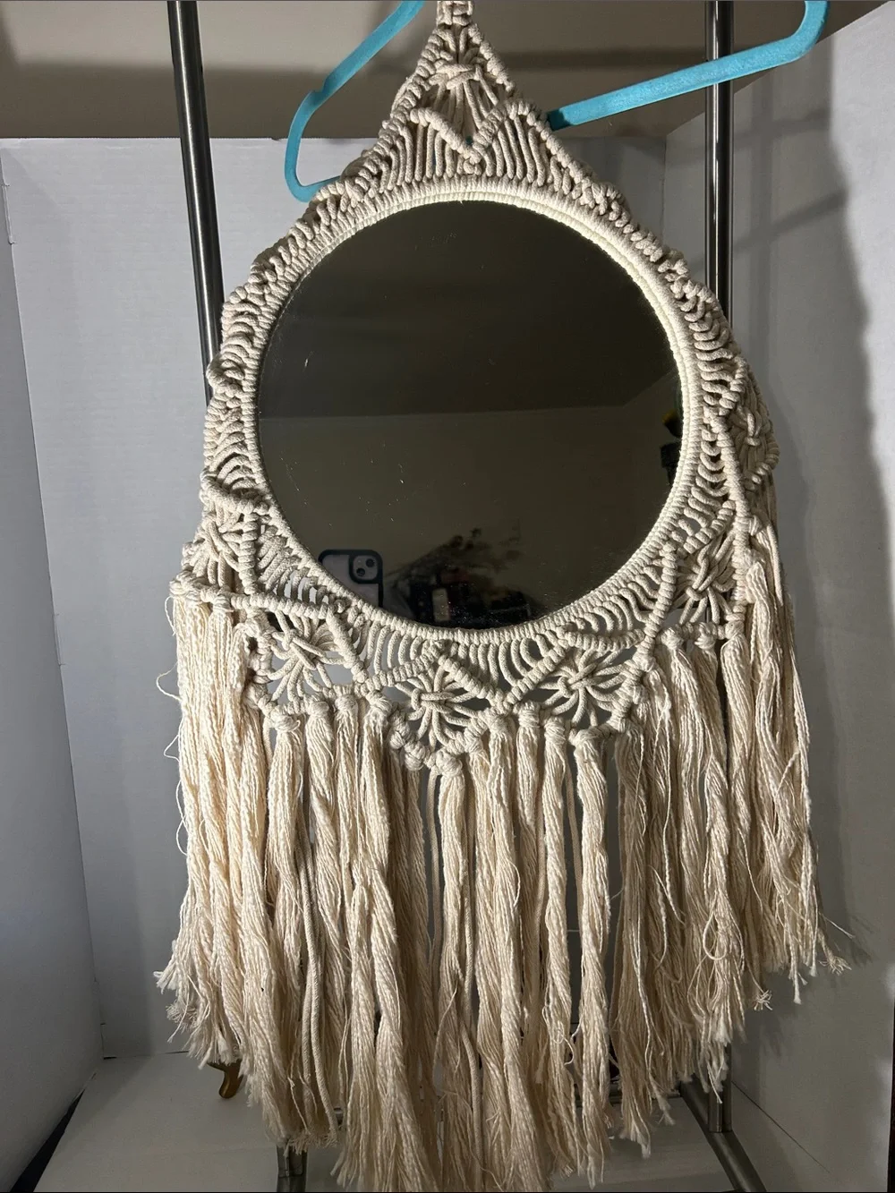 Boho Macrame Round Fringe Wall Mirror - Cream 36 inches long