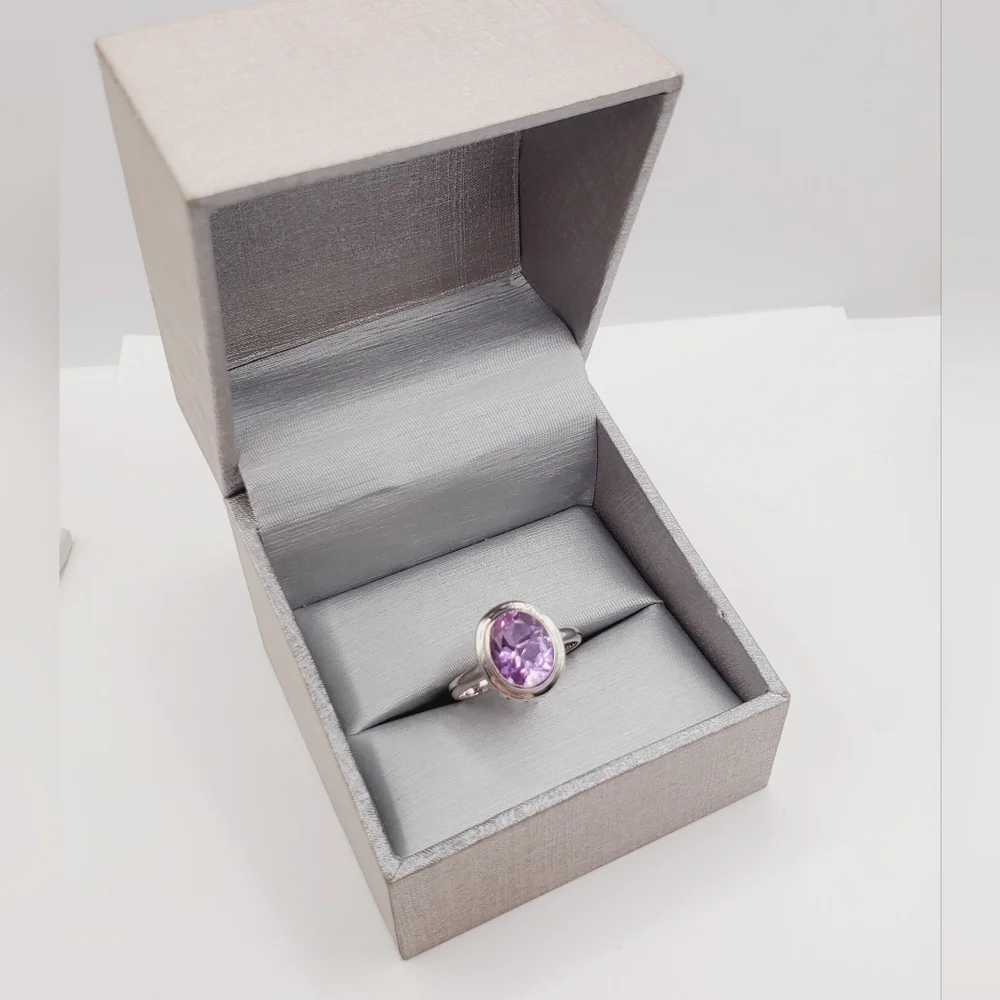 Bezel Set Oval Shaped Amethyst 925 Sterling Silver Heart Design Ring