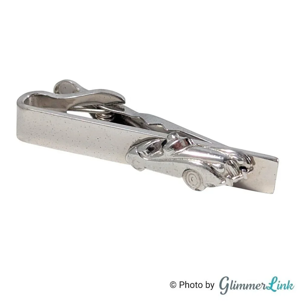 Swank Vintage Silver Tone Car Cufflinks and Tie Bar Set Automobile Design, 1960s