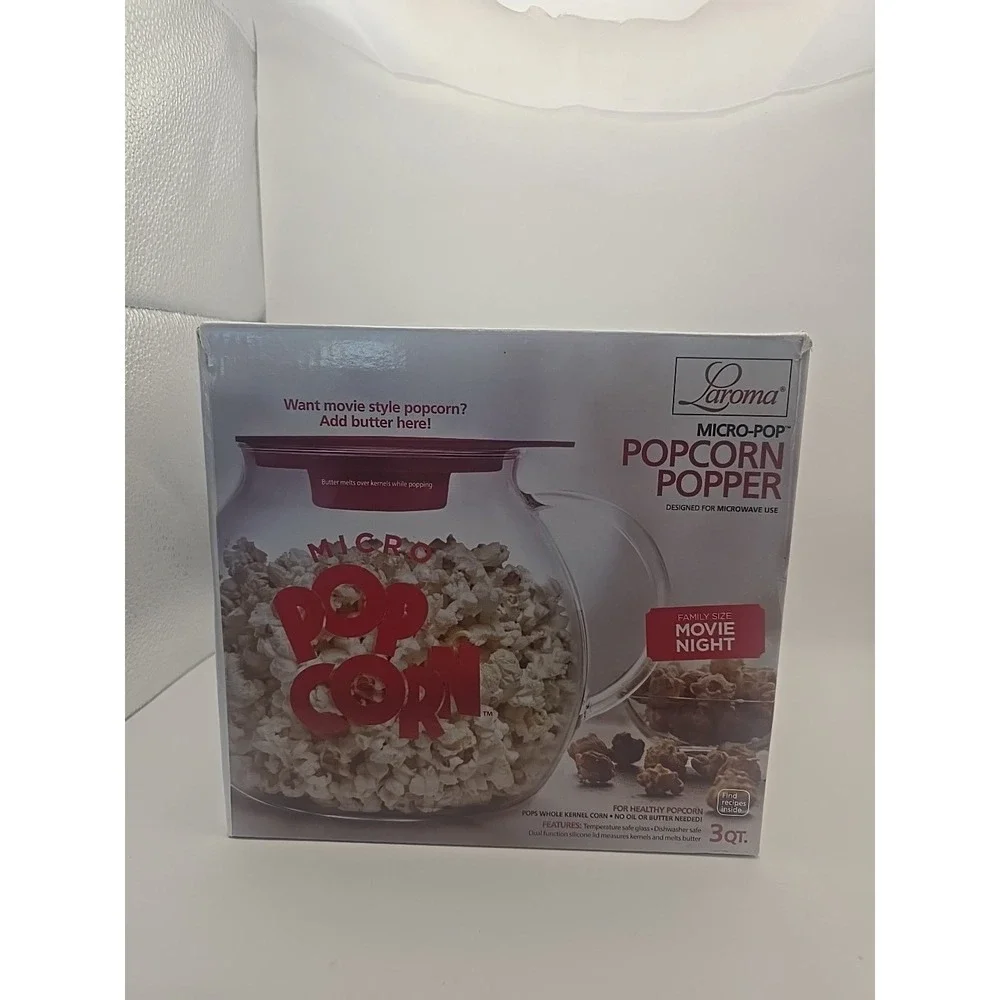 LaRoma Family Size Glass Microwave Popcorn Popper Red Lid‎ Measures Melts Butter