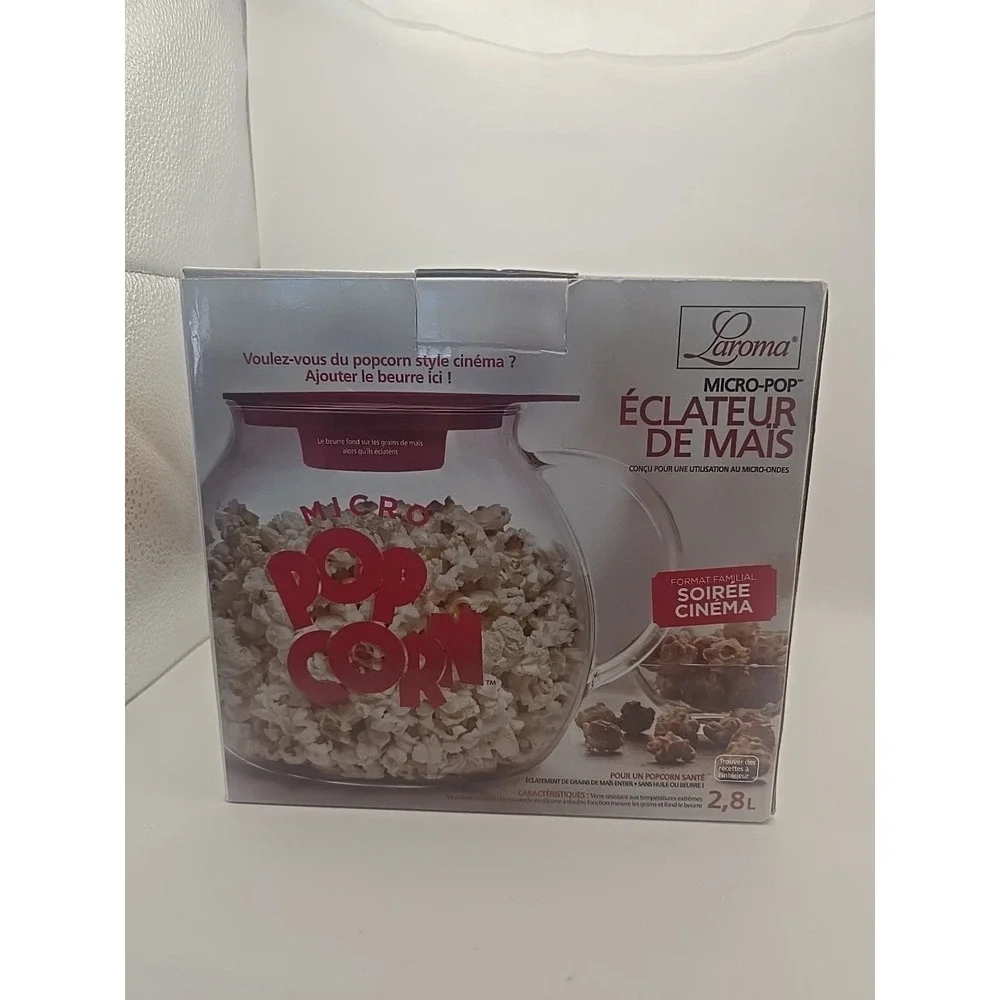 LaRoma Family Size Glass Microwave Popcorn Popper Red Lid‎ Measures Melts Butter
