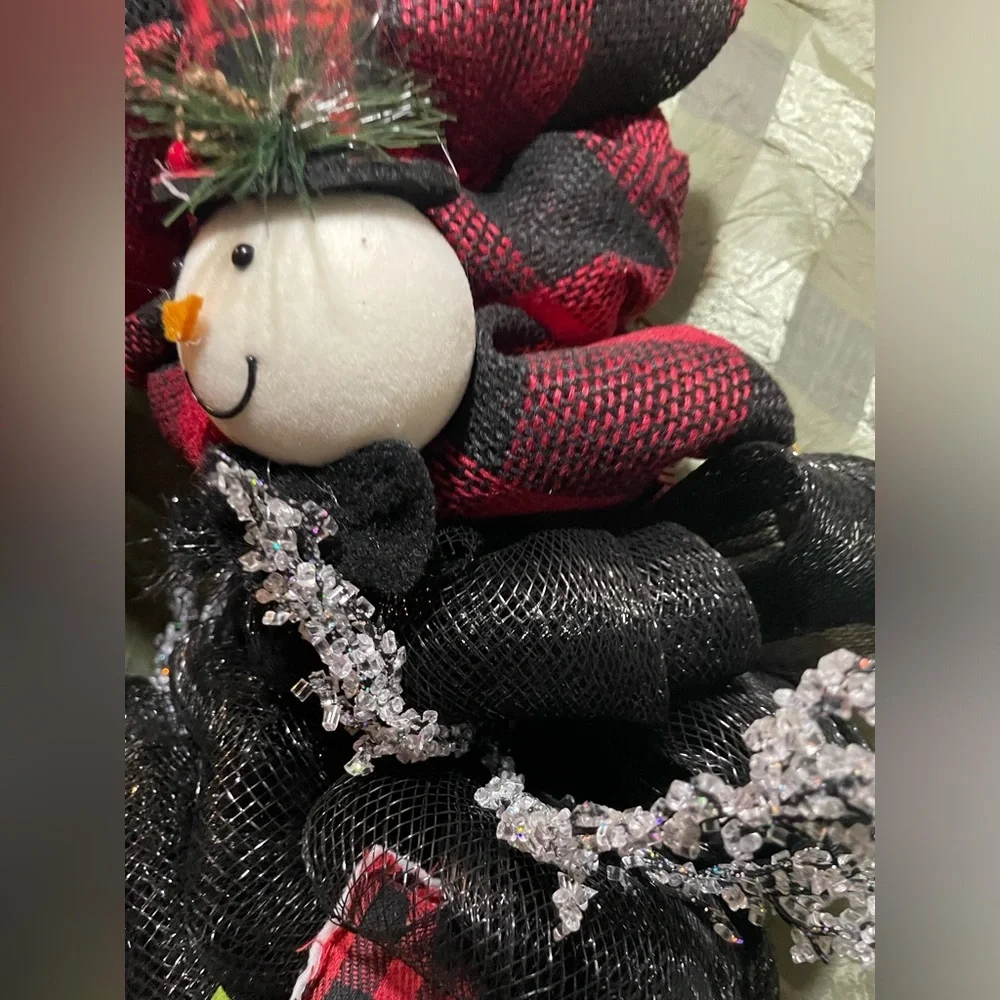 New Christmas Snowman Buffalo Paid red black handmade wreath by me! 14-inch base