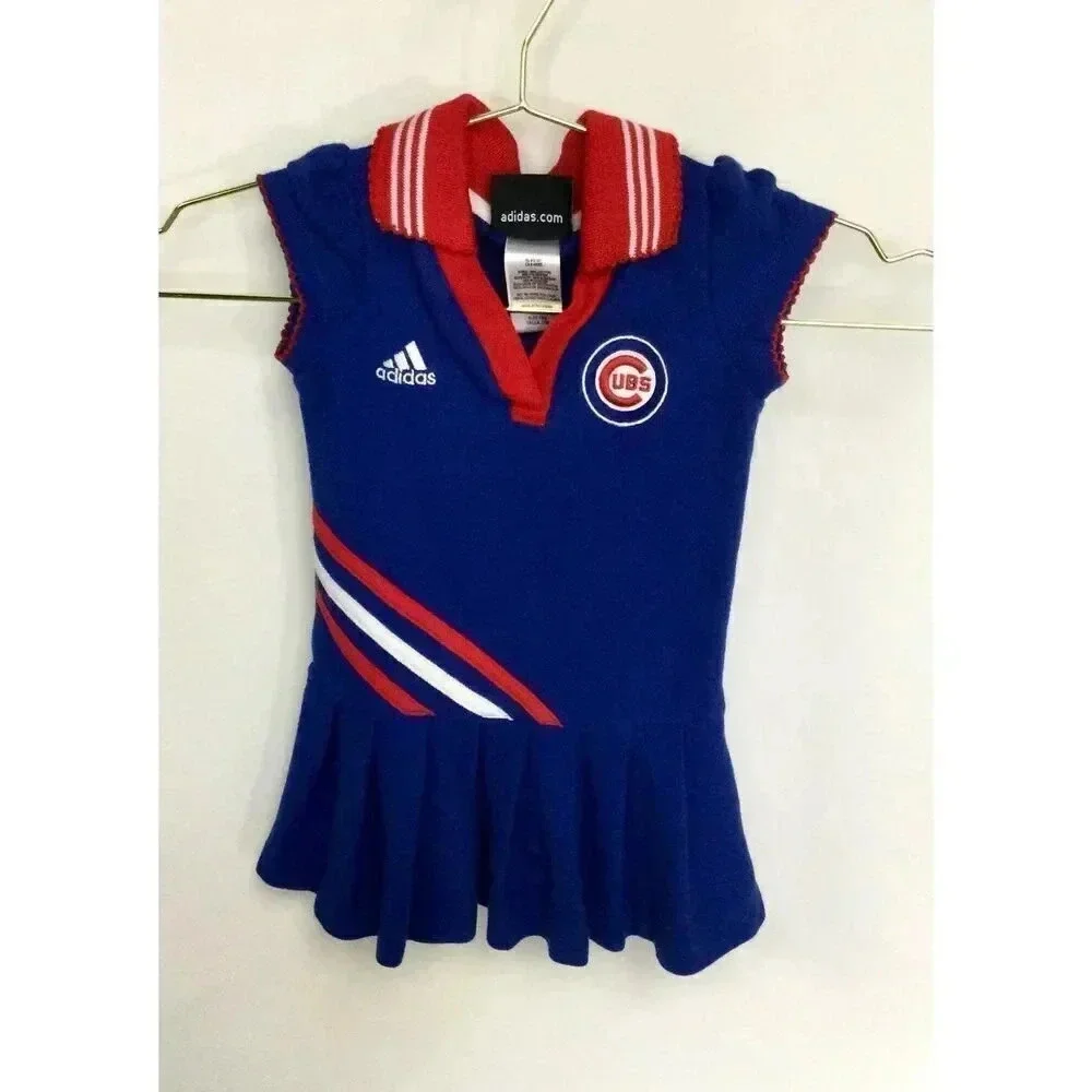 Vintage Adidas Girls Blue Red Chicago Cubs Collared Pleated‎ Polo Dress Size 18M