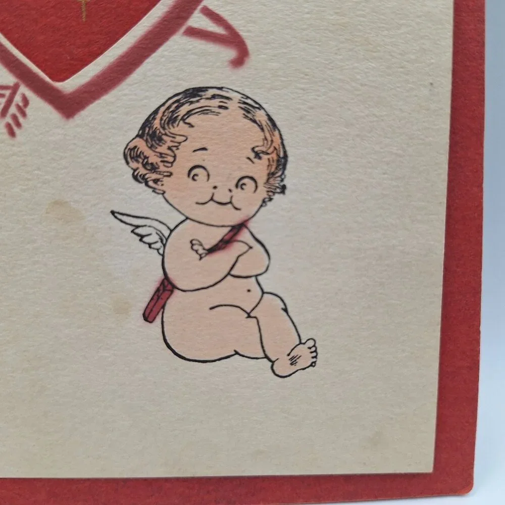 Vintage Valentine Card Cupid Heart Cutout For My Love Poem‎ Red Handmade Layered