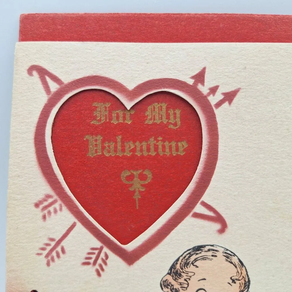 Vintage Valentine Card Cupid Heart Cutout For My Love Poem‎ Red Handmade Layered
