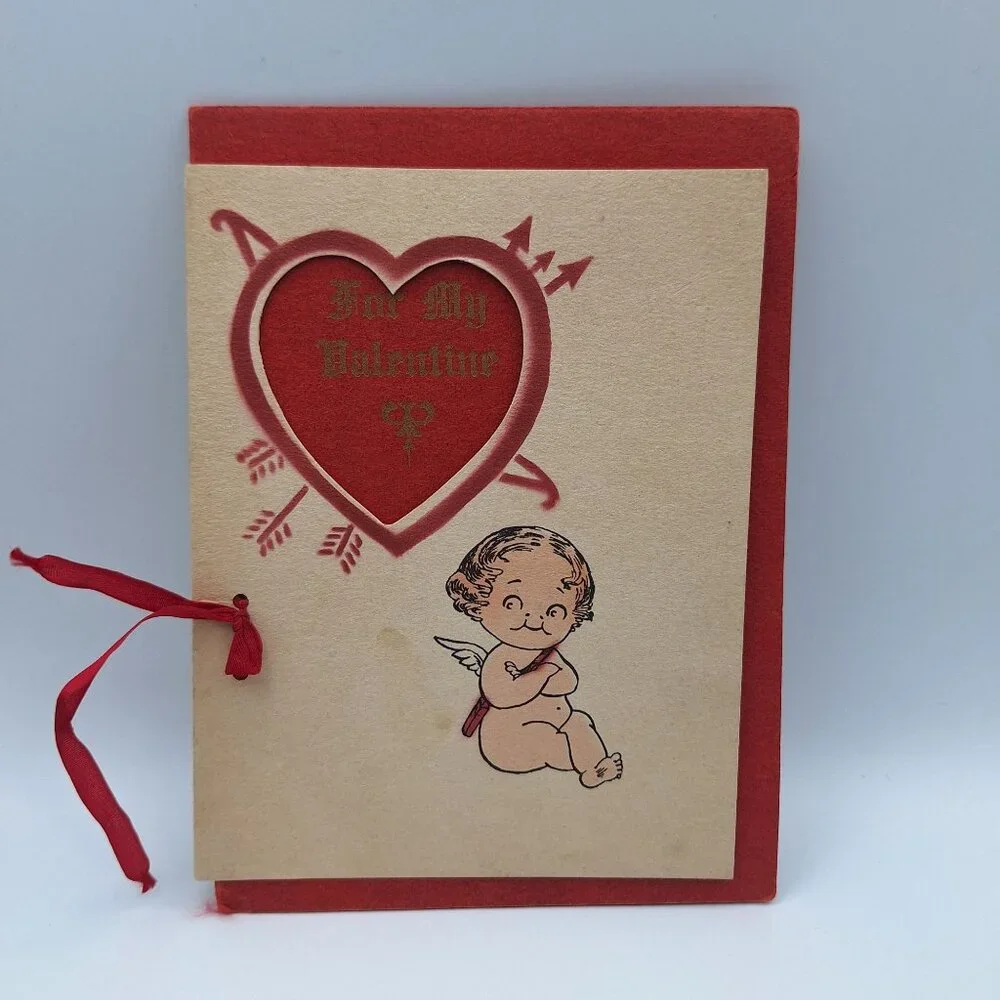 Vintage Valentine Card Cupid Heart Cutout For My Love Poem‎ Red Handmade Layered