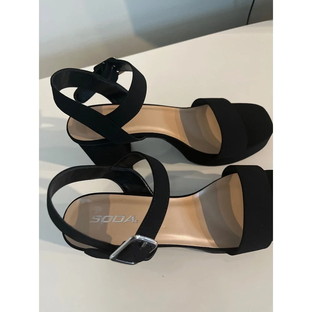 Soda Black Faux Suede Platform Block Heel Ankle Strap Sandals Open Toe