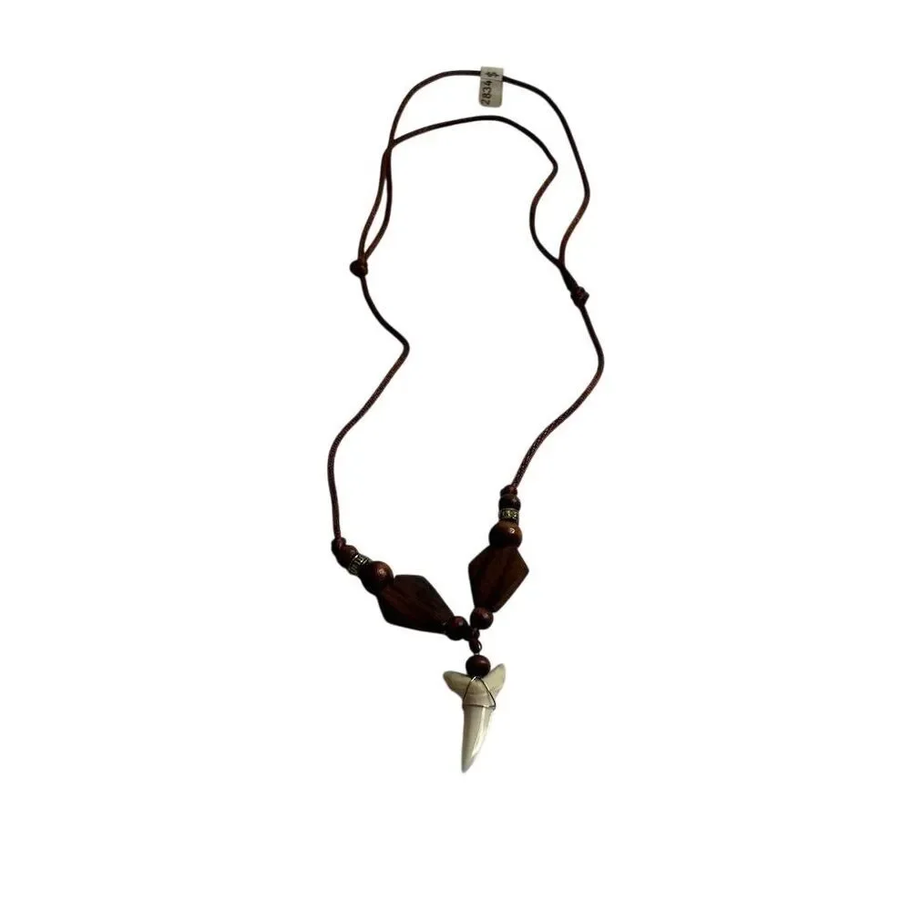 Adjustable Shark Tooth Pendant Necklace with Wooden Beads‎ Unisex