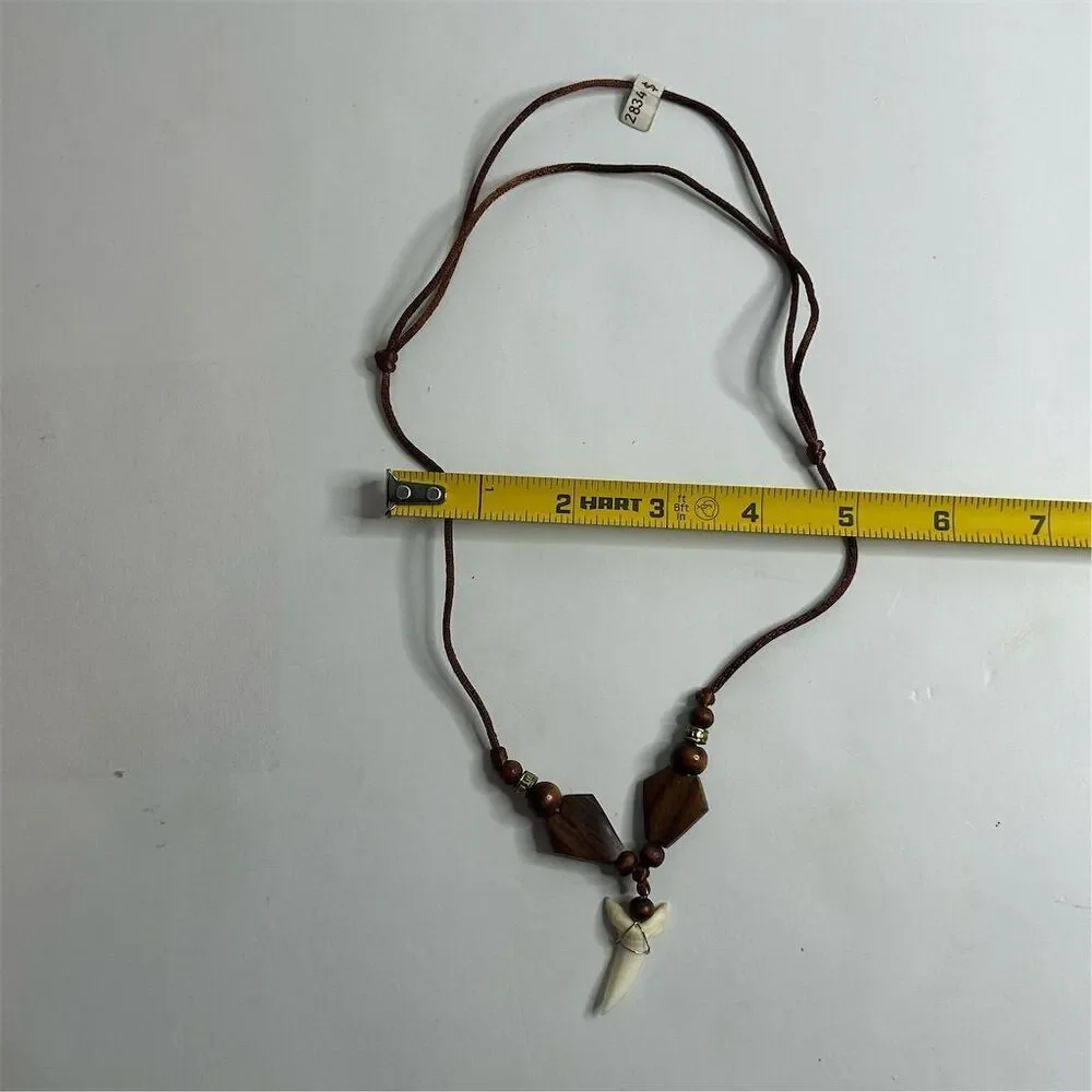 Adjustable Shark Tooth Pendant Necklace with Wooden Beads‎ Unisex