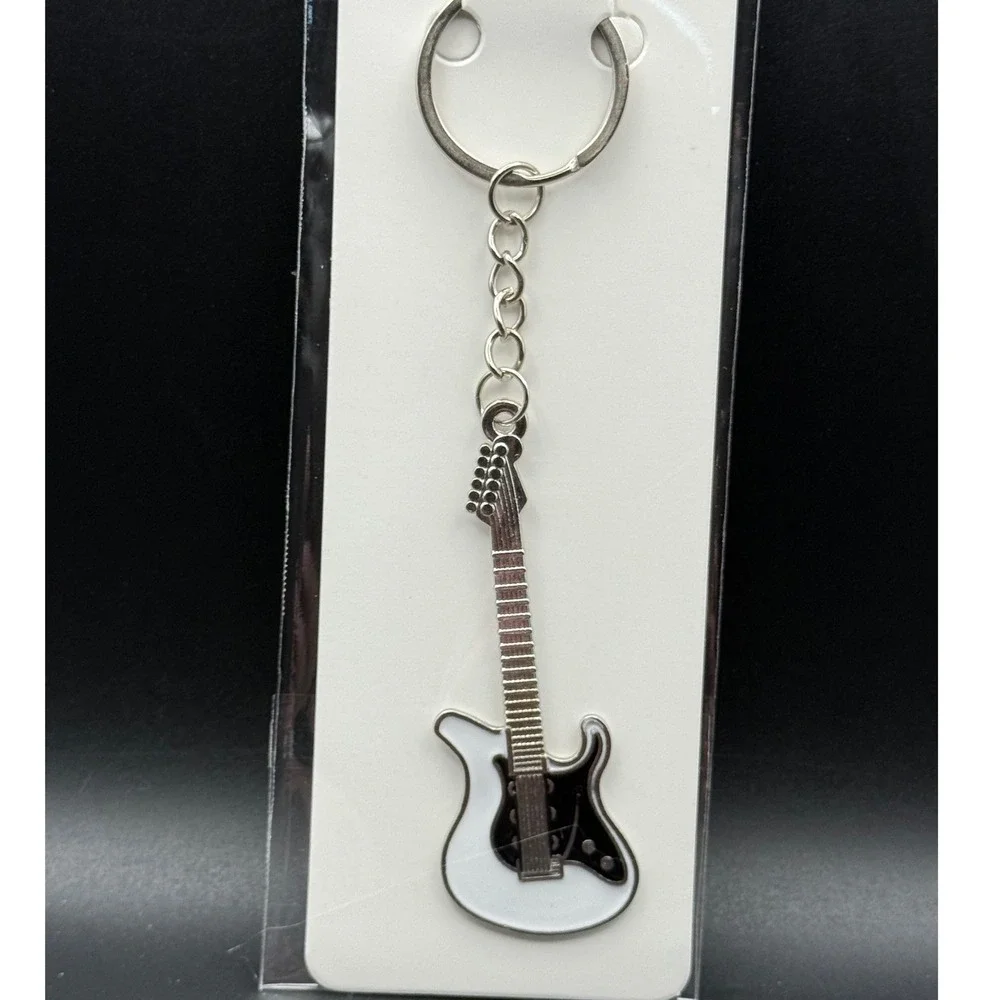 White Electric Guitar Keychain Silver Tone Metal Music Instrument Key Ring New