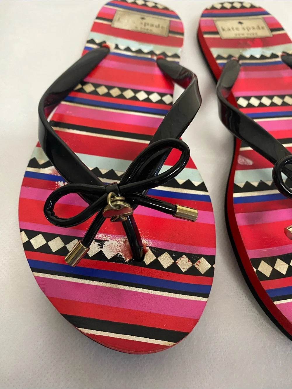 kate spade Striped Pink & Black Bow Flip Flop Sandals
