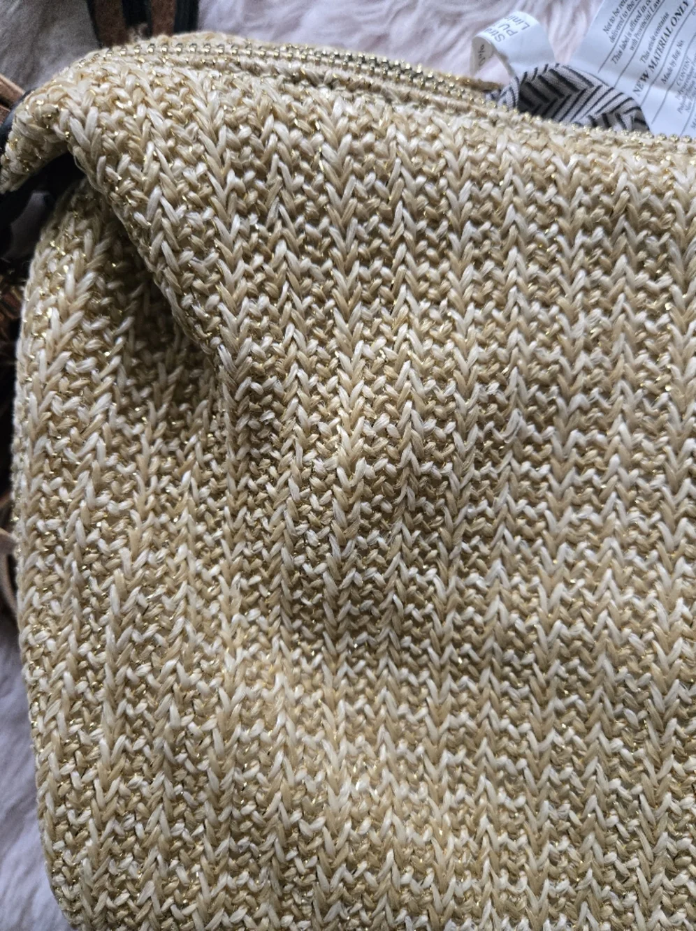 new directions Straw Woven Texture Gold Metallic Crossbody Bag with Brown Strap