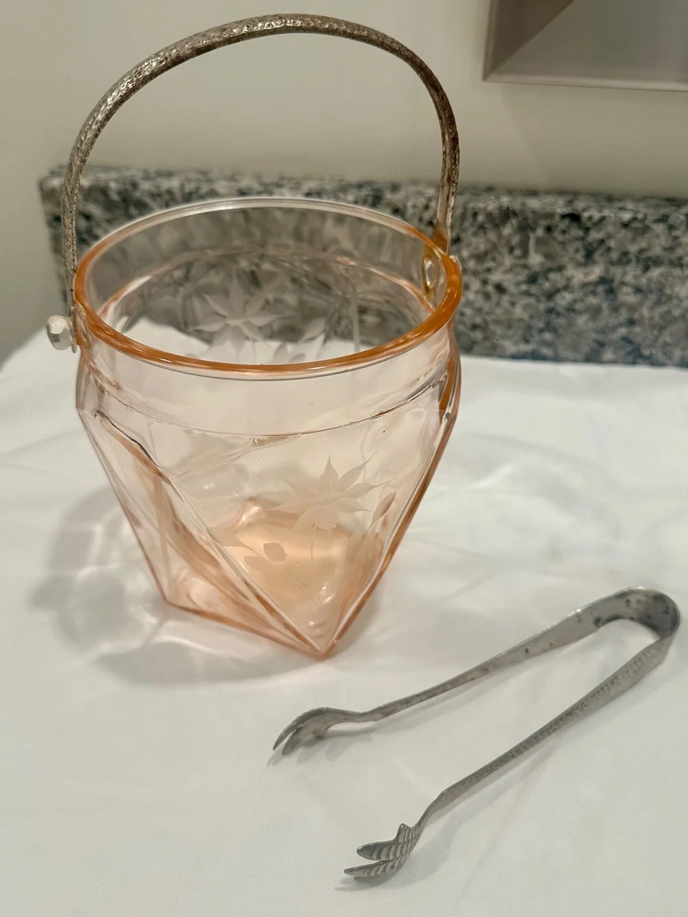 Vintage Pink Depression Glass Art Deco Ice Bucket & Tongs Set